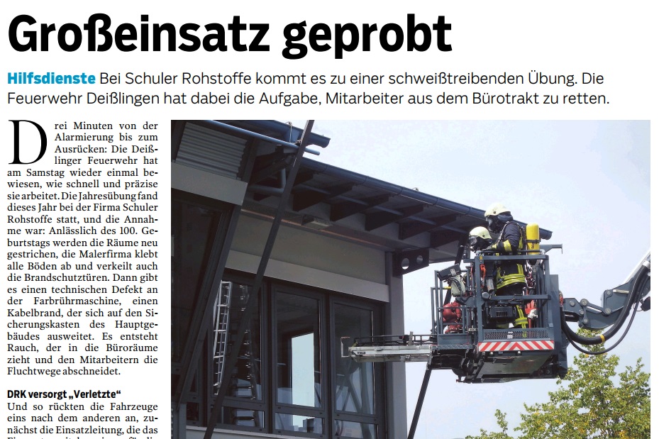 Großeinsatz geprobt Südwest Presse/Die Neckarquelle vom 08.07.2019 Schuler Rohstoff GmbH